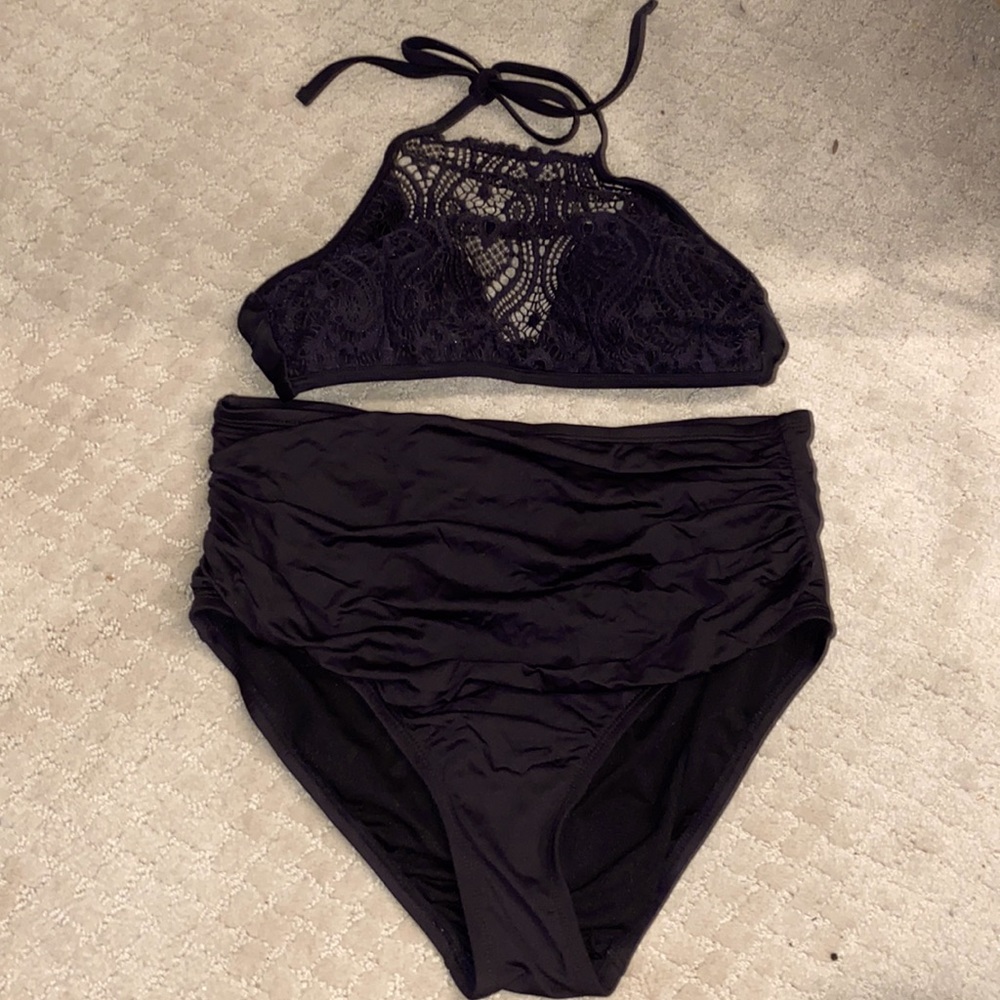 Black Xhilaration High Waisted Medium Ruched Bikini w Small Halter Lace Top
